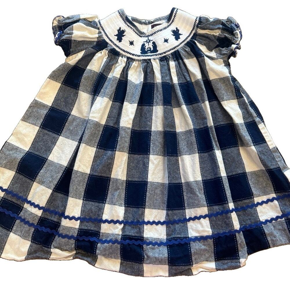 Lil Cactus Girls Navy Check Nativity Scene Smocked Bishop Dress Christmas Sz 3T